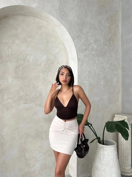 BİÇOMİ Önü büzgülü etek bej s24222 - Resim 5