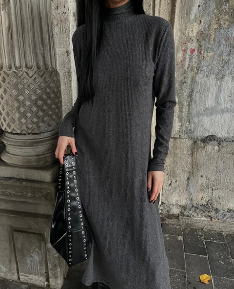 BİÇOMİ Boğazlı kalın bürümcük uzun elbise siyah - Resim 3