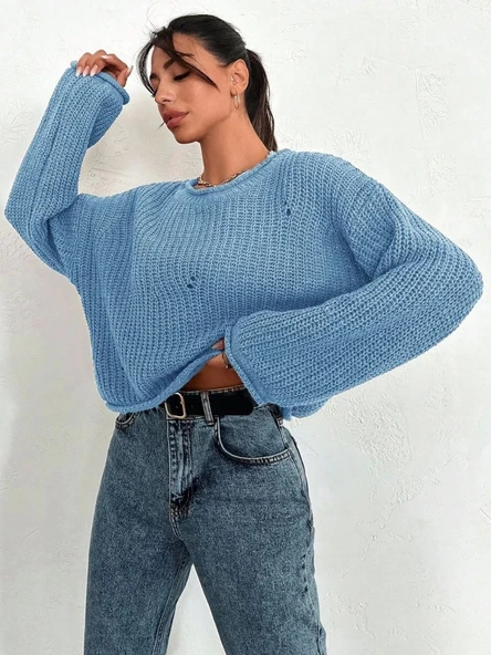 BİÇOMİ Salaş delik detaylı kazak mavi ürün görseli