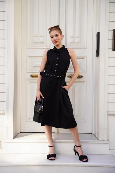 BİÇOMİ Gömlek yaka kemerli elbise siyah s255061 - Resim 2