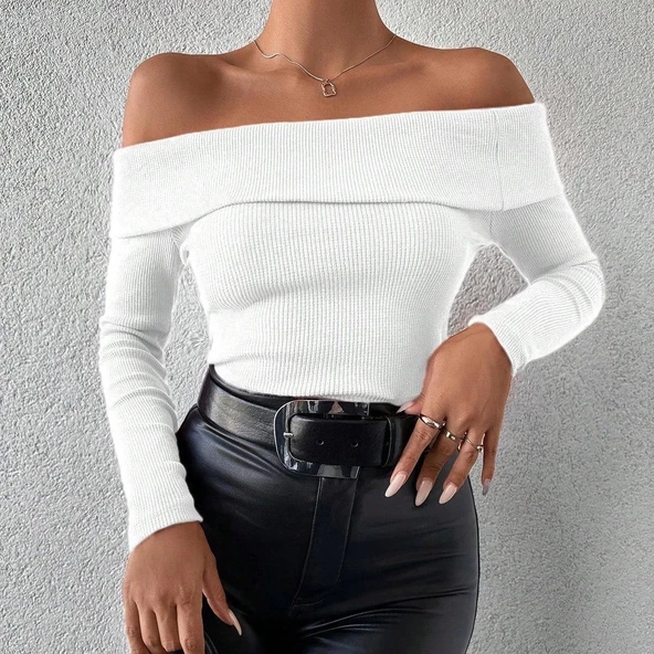 BİÇOMİ Uzun kol madonna yaka bluz beyaz - Resim 4