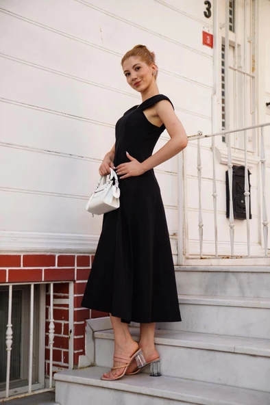 BİÇOMİ U yaka prenses elbise siyah s255101 - Resim 4