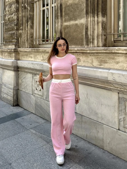 BİÇOMİ Crop pantolon biyeli takım pembe ürün görseli