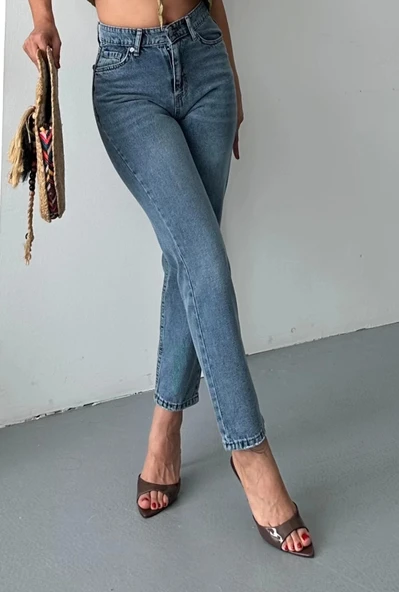 BİÇOMİ Mom fit kar yıkama bıyık detaylı jeans pantolon d2006 - 2