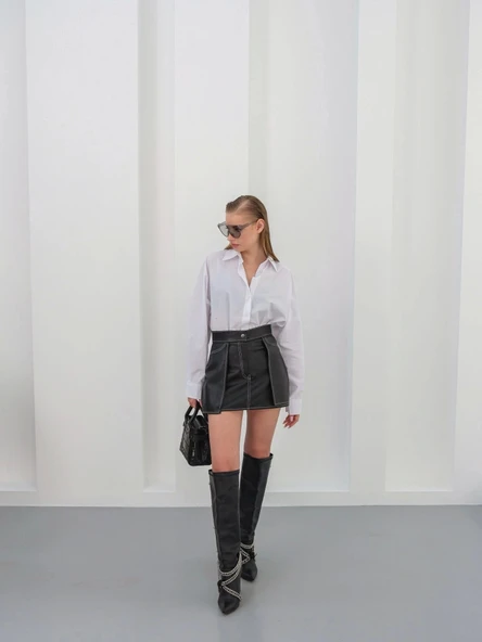 BİÇOMİ Kontrast deri etek siyah w260015 - Resim 3