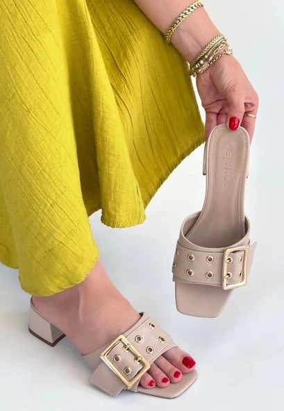 BİÇOMİ Ciey Bej Cilt Topuklu Terlik - Resim 2