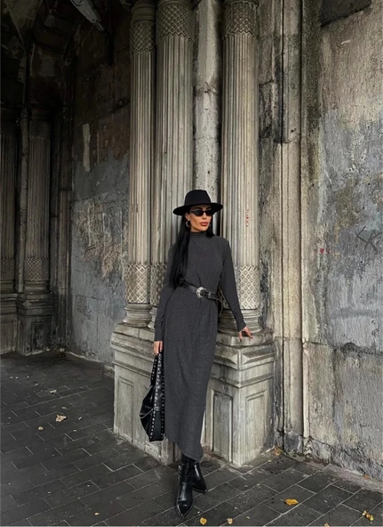 BİÇOMİ Boğazlı kalın bürümcük uzun elbise siyah ürün görseli