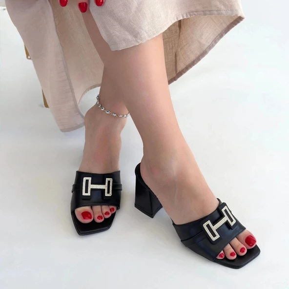 BİÇOMİ Erew Siyah Cilt Topuklu Terlik - Resim 4