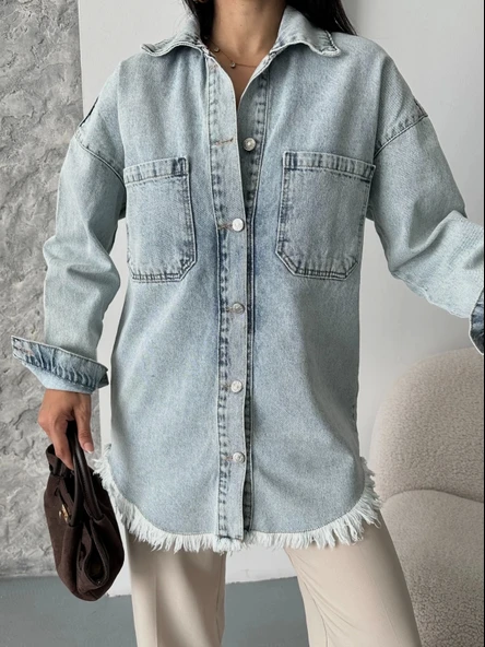 BİÇOMİ Cepli püsküllü kar yıkama kot ceket mavi d2515 - Resim 5