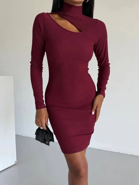 BİÇOMİ Boğazlı gögüs dekolteli elbise bordo f2333 ürün görseli