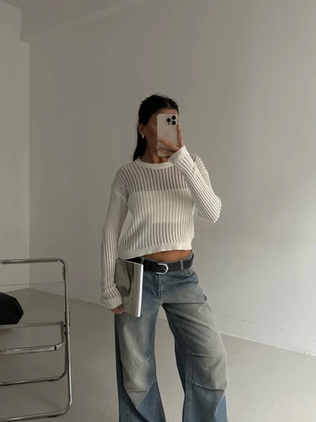 BİÇOMİ Triko transparent bluz beyaz - Resim 2