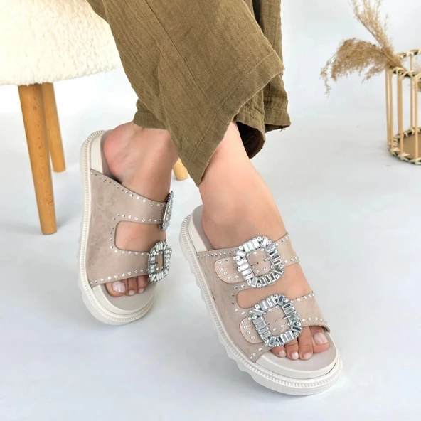 BİÇOMİ Juana Bej Nubuk Taşlı Terlik - Resim 4