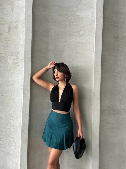 BİÇOMİ Pileli düğmeli etek yeşil s24811 - Resim 6