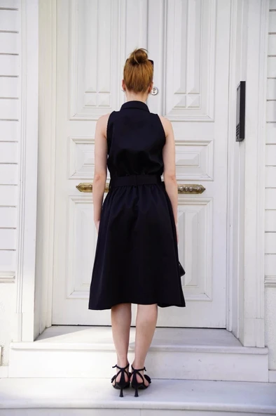 BİÇOMİ Gömlek yaka kemerli elbise siyah s255061 - Resim 5