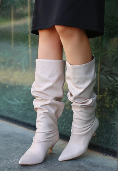 BİÇOMİ Zelya Bej Cilt Topuklu Çizme ürün görseli