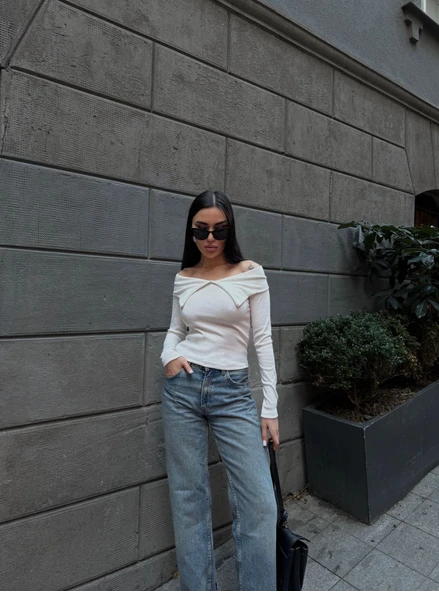 BİÇOMİ Kelebek yaka uzun kol bluz beyaz - Resim 2