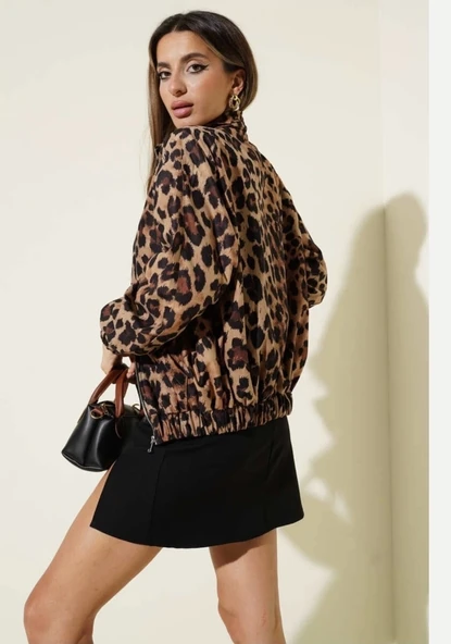 BİÇOMİ Leopar desenli astarlı ceket siyah t1192 - Resim 4