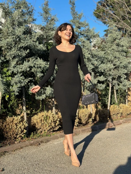 BİÇOMİ V yaka Uzun kollu midi boy elbise siyah A3154 - Resim 4