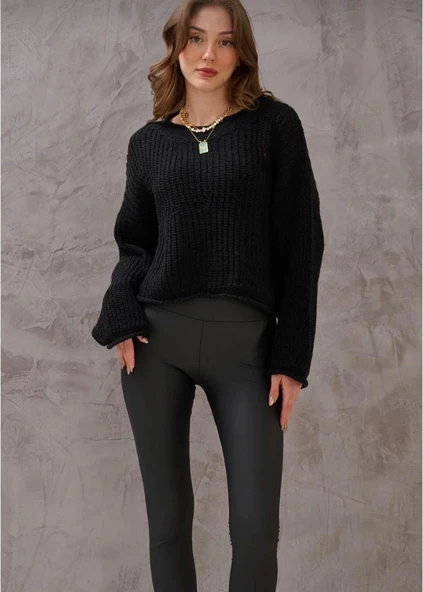 BİÇOMİ Salaş delik detaylı kazak siyah - Resim 4