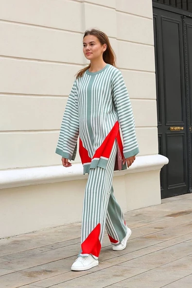 BİÇOMİ Çizgili bisiklet yaka triko takım Mint - Resim 2