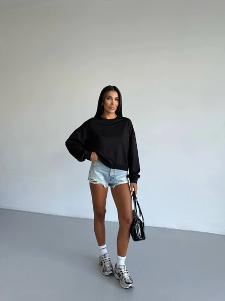 BİÇOMİ 2 iplik bisiklet yaka sweat siyah f2339 - Resim 5