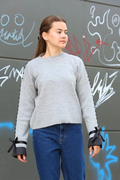 BİÇOMİ Boncuklu bile detaylı kazak gri - Resim 3