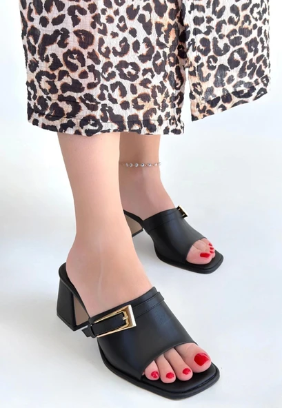 BİÇOMİ Ziva Siyah Cilt Topuklu Terlik - Resim 2