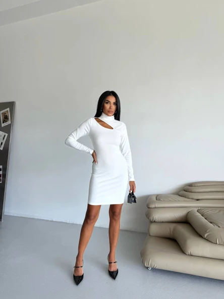 BİÇOMİ Boğazlı gögüs dekolteli elbise beyaz f2333 - Resim 3