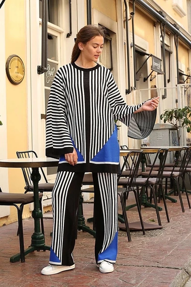 BİÇOMİ Çizgili bisiklet yaka triko takım siyah - Resim 2