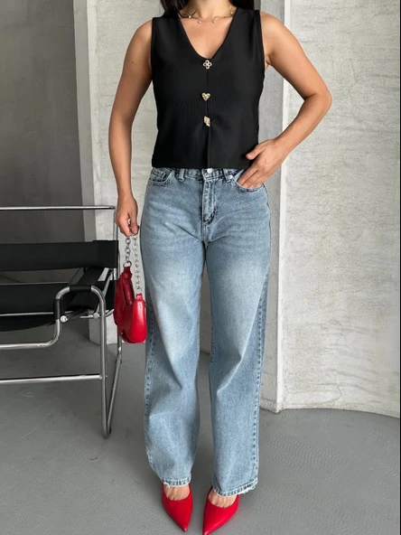 BİÇOMİ Palazzo straight kar yıkama jeans pantolon mavi d2008 - Resim 6