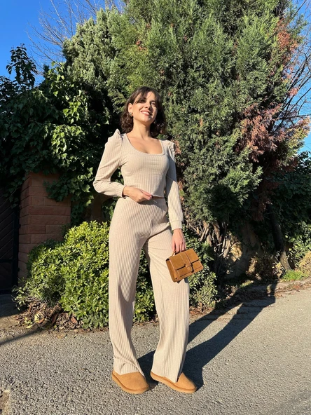 BİÇOMİ Fitilli prenses kol alt üst takım bej - Resim 4