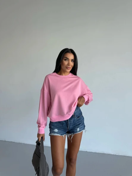 BİÇOMİ 2 iplik bisiklet yaka sweat pembe f2339 - Resim 6