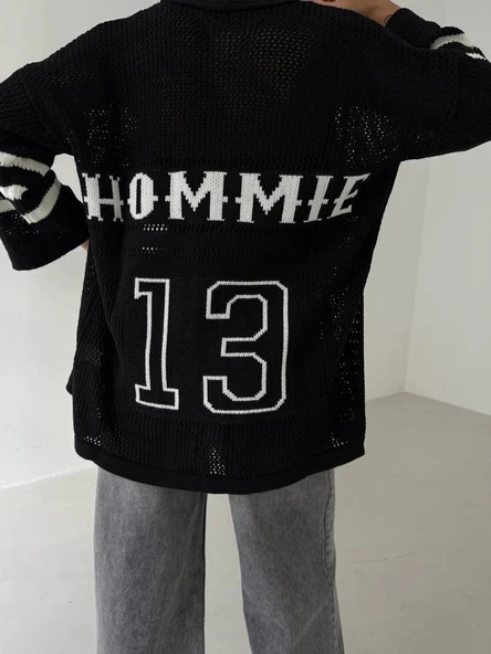 BİÇOMİ Büyük düğmeli salaş triko hırka siyahbeyaz - Resim 3