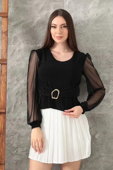 BİÇOMİ Tokalı tül kollu bluz siyah t4071 ürün görseli