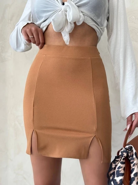 BİÇOMİ Çift yırtmaçlı etek camel s25910 ürün görseli