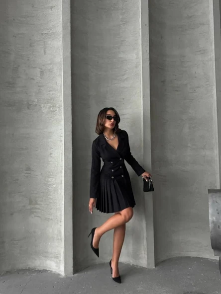 BİÇOMİ Altı piliseli uzun kollu ceket elbise siyah s255016 - Resim 2