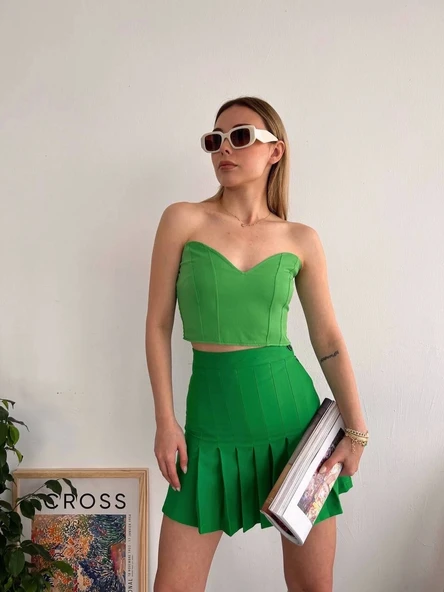 BİÇOMİ Pileli düğmeli etek açık yeşil s24811 - 6