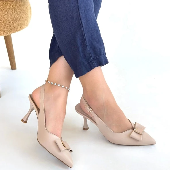 BİÇOMİ Leyya Bej Cilt Topuklu Ayakkabı - Resim 4