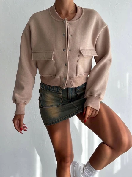 BİÇOMİ 3 iplik şardonlu Önü çıtçıtlı cepli ceket bej f2226 - Resim 3