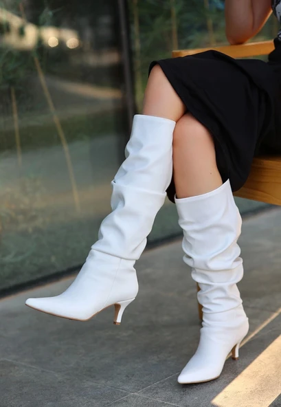 BİÇOMİ Zelya Beyaz Cilt Topuklu Çizme - Resim 3