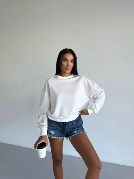 BİÇOMİ 2 iplik bisiklet yaka sweat beyaz f2339 ürün görseli