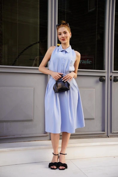 BİÇOMİ Gömlek yaka kemerli elbise mavi s255061 - Resim 7