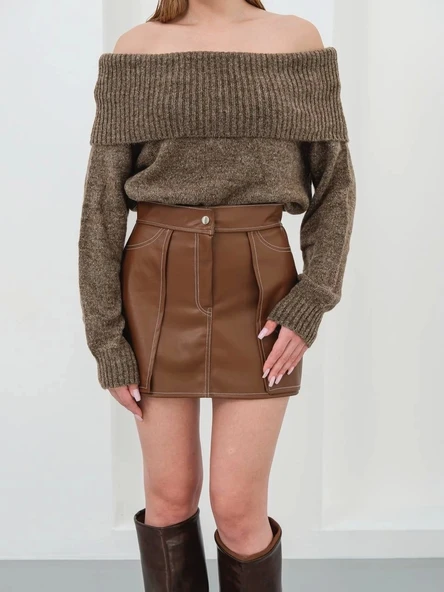 BİÇOMİ Kontrast deri etek kahve w260015 - Resim 5