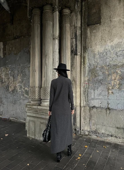 BİÇOMİ Boğazlı kalın bürümcük uzun elbise siyah - Resim 5