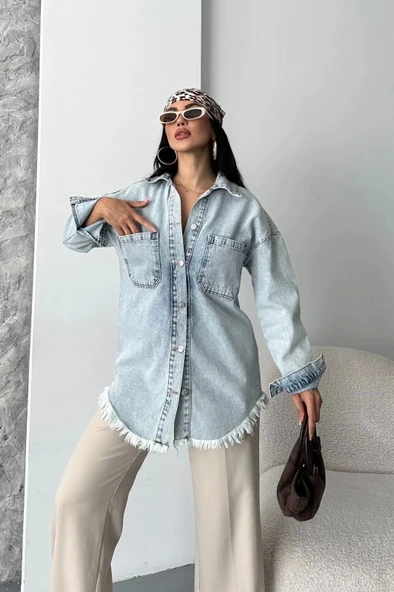 BİÇOMİ Cepli püsküllü kar yıkama kot ceket mavi d2515 ürün görseli