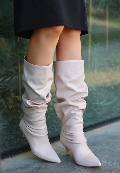 BİÇOMİ Zelya Bej Cilt Topuklu Çizme - Resim 3