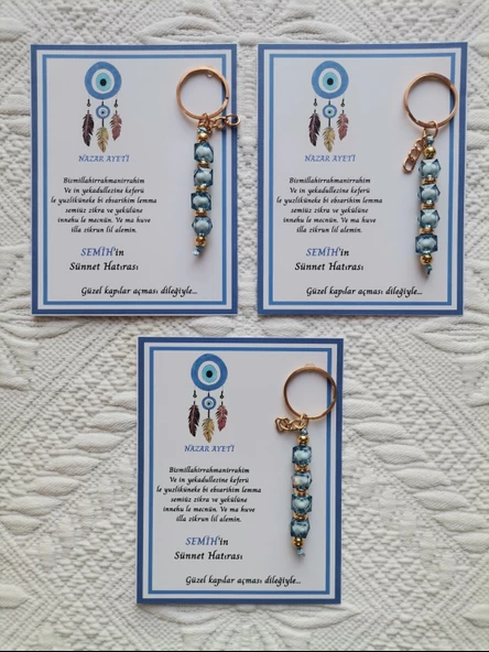 64 Adet Kişiye Özel Nazar Ayeti Sünnet Hatırası Dağıtmalık Hediyelik Mavi Renk Anahtarlık - Resim 3