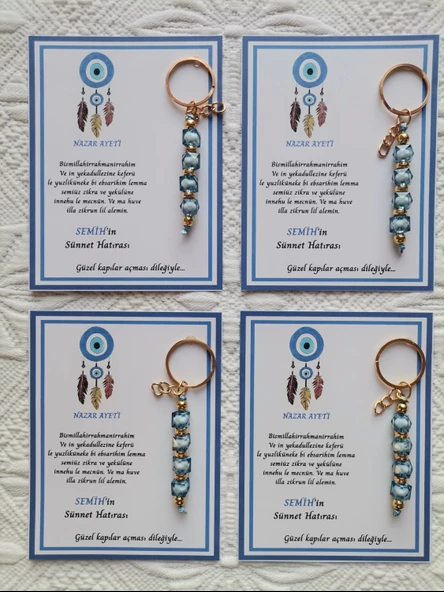 100 Adet Kişiye Özel Nazar Ayeti Sünnet Hatırası Dağıtmalık Hediyelik Mavi Renk Anahtarlık - Resim 4