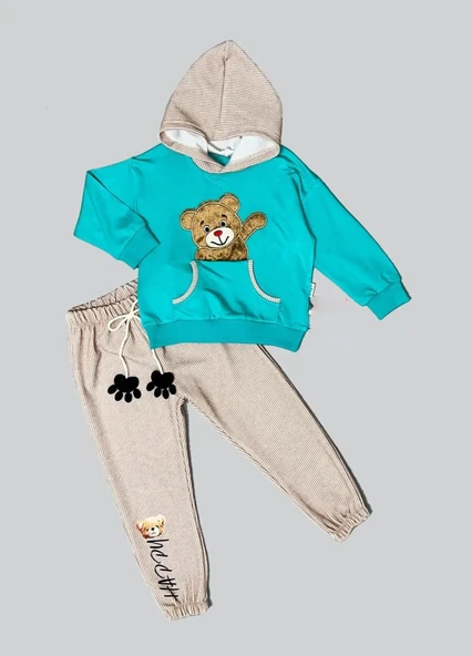 2-3-4 Yaş Pelüş Ayı Desenli Kapşonlu Uzun Kollu Penye Sweat 2li Erkek Çocuk Takımı Mint Yeşili ürün görseli