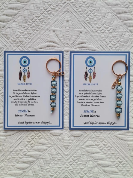 64 Adet Kişiye Özel Nazar Ayeti Sünnet Hatırası Dağıtmalık Hediyelik Mavi Renk Anahtarlık - Resim 2